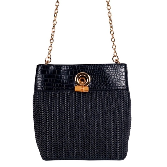 Sondra Roberts Woven Vegan Leather Bucket with Chain Shoulder Strap NWOT - Picture 1 of 16